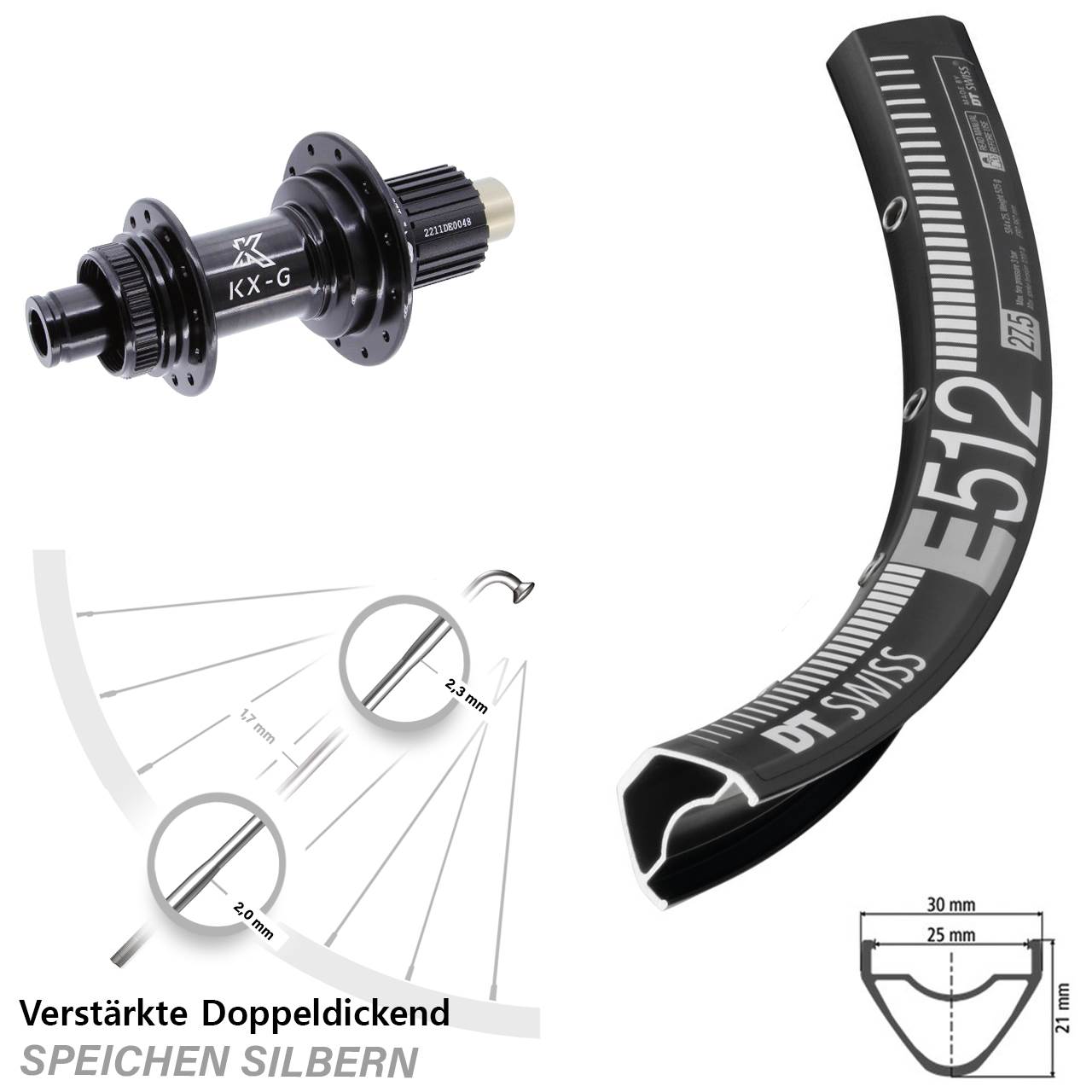 Centerlock Hinterrad 12x142 650B DT Swiss E512 KX-G Steckachse Micro Spline