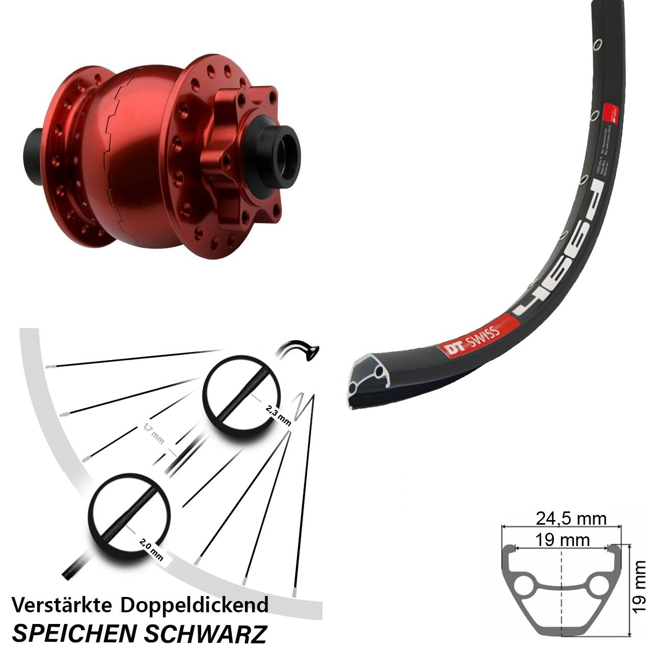 28-29 Zoll DT Swiss 466d SON 28 rot Disc Vorderrad mit Nabendynamo 15x100