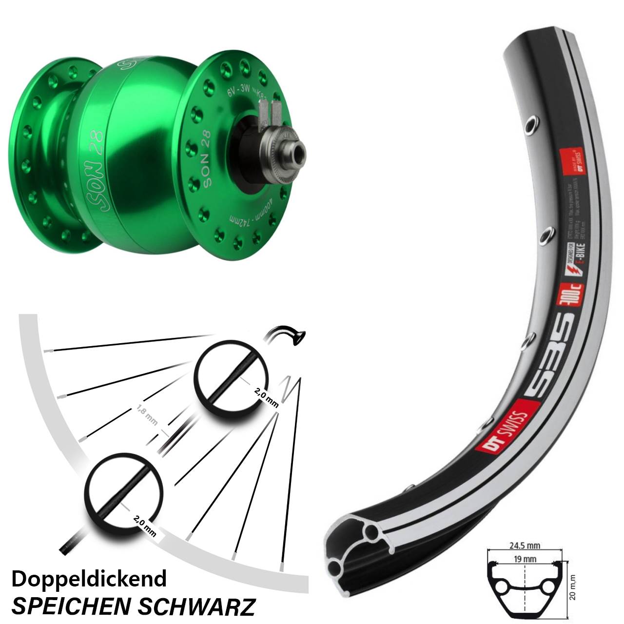 Fahrrad Nabendynamolaufrad grün eloxierter Son 28 Zoll DT Swiss 535