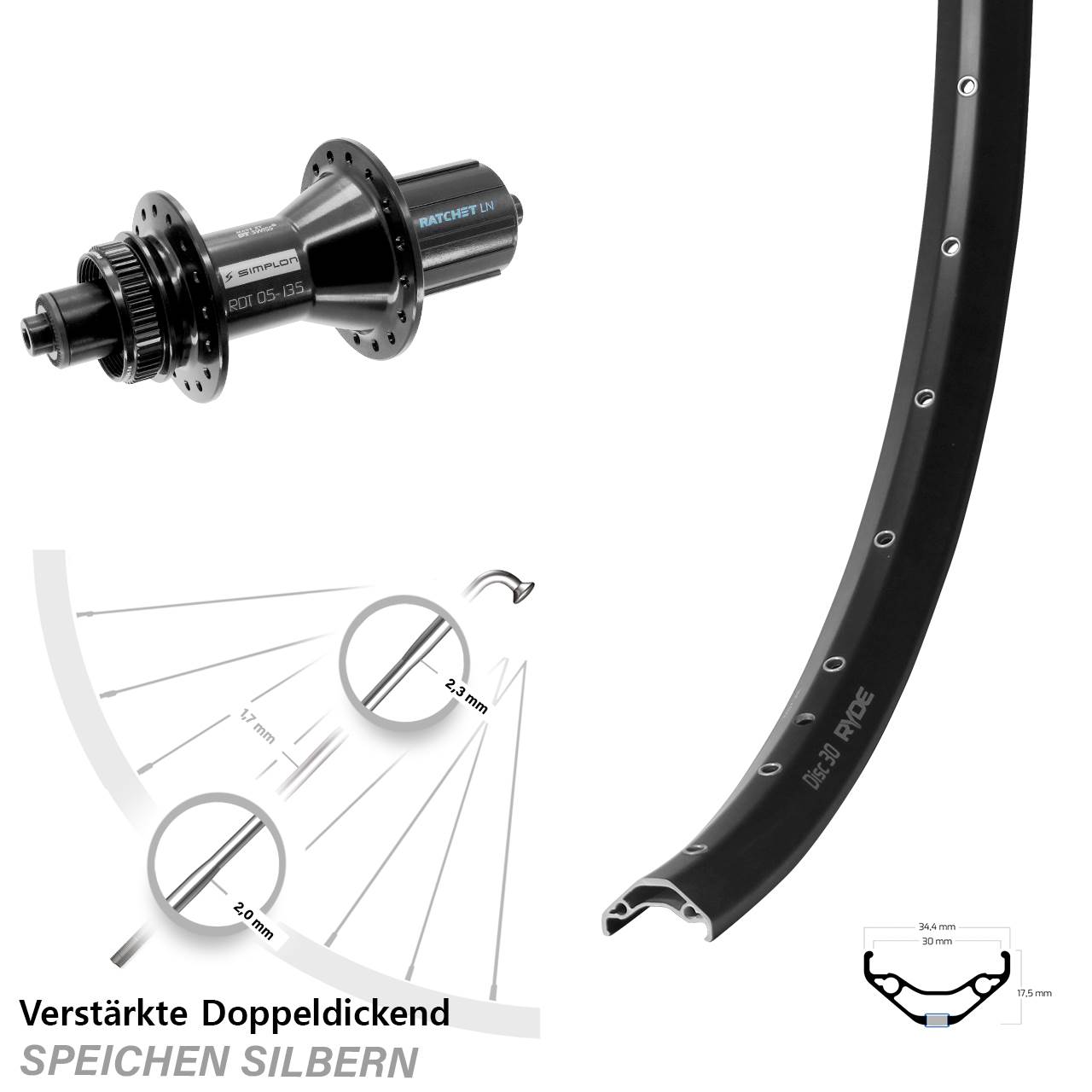 Hinterrad Centerlock für Schnellspanner 29 Zoll Ryde Disc 30 DT Swiss 370 Hybrid 8-11 fach