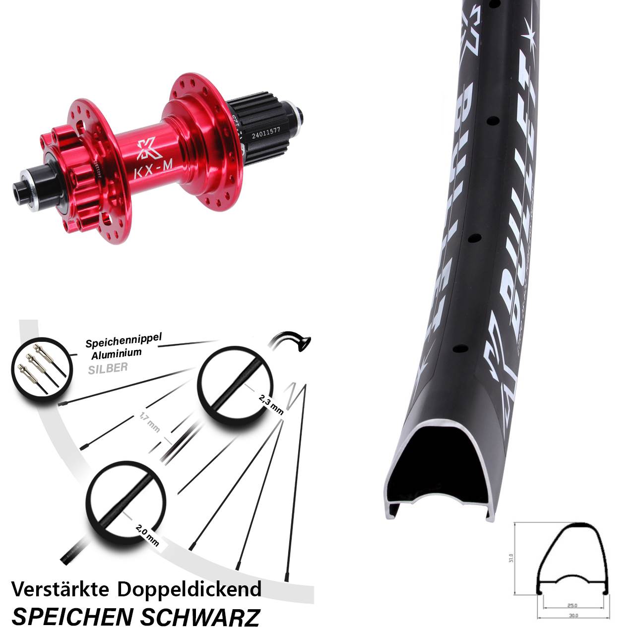 Disc Hinterrad 28 Zoll KX-M Bullet OS rot Micro Spline für Schnellspanner