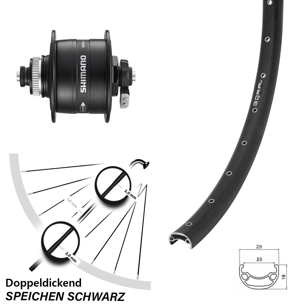 Nabendynamo-Vorderrad Centerlock 26 Zoll Gora 23 Shimano DH-3D37 für Schnellspanner