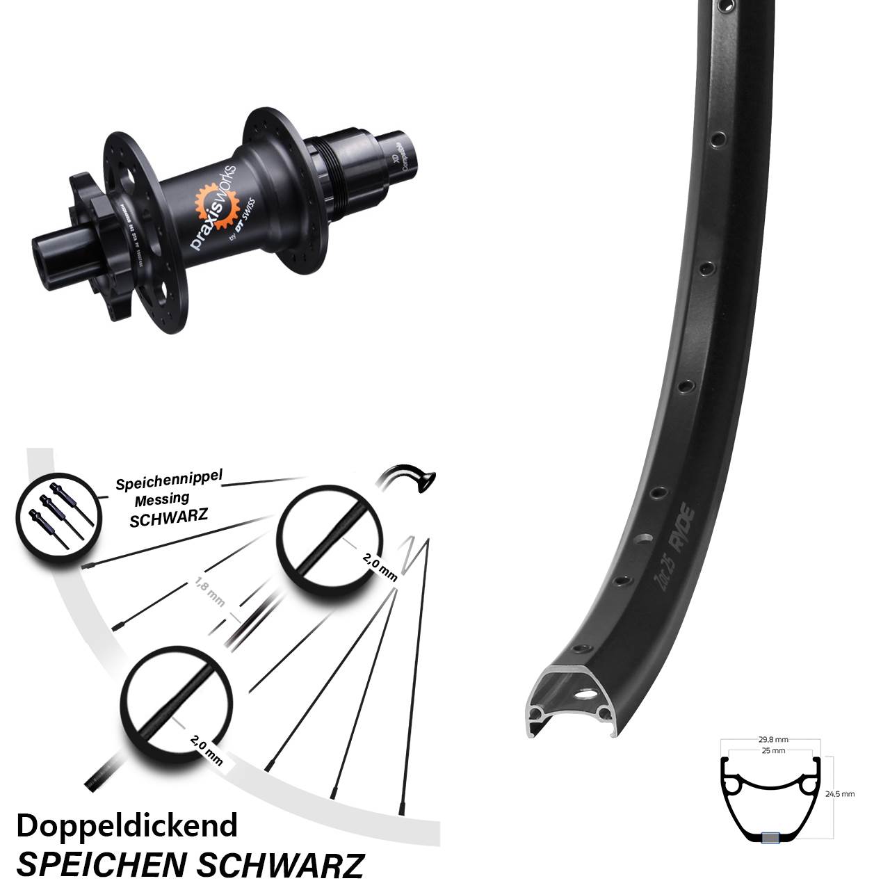Hinterrad 28-29 Zoll Ryde ZAC 25 DT Swiss 350 SL 12x142 6-Loch XD