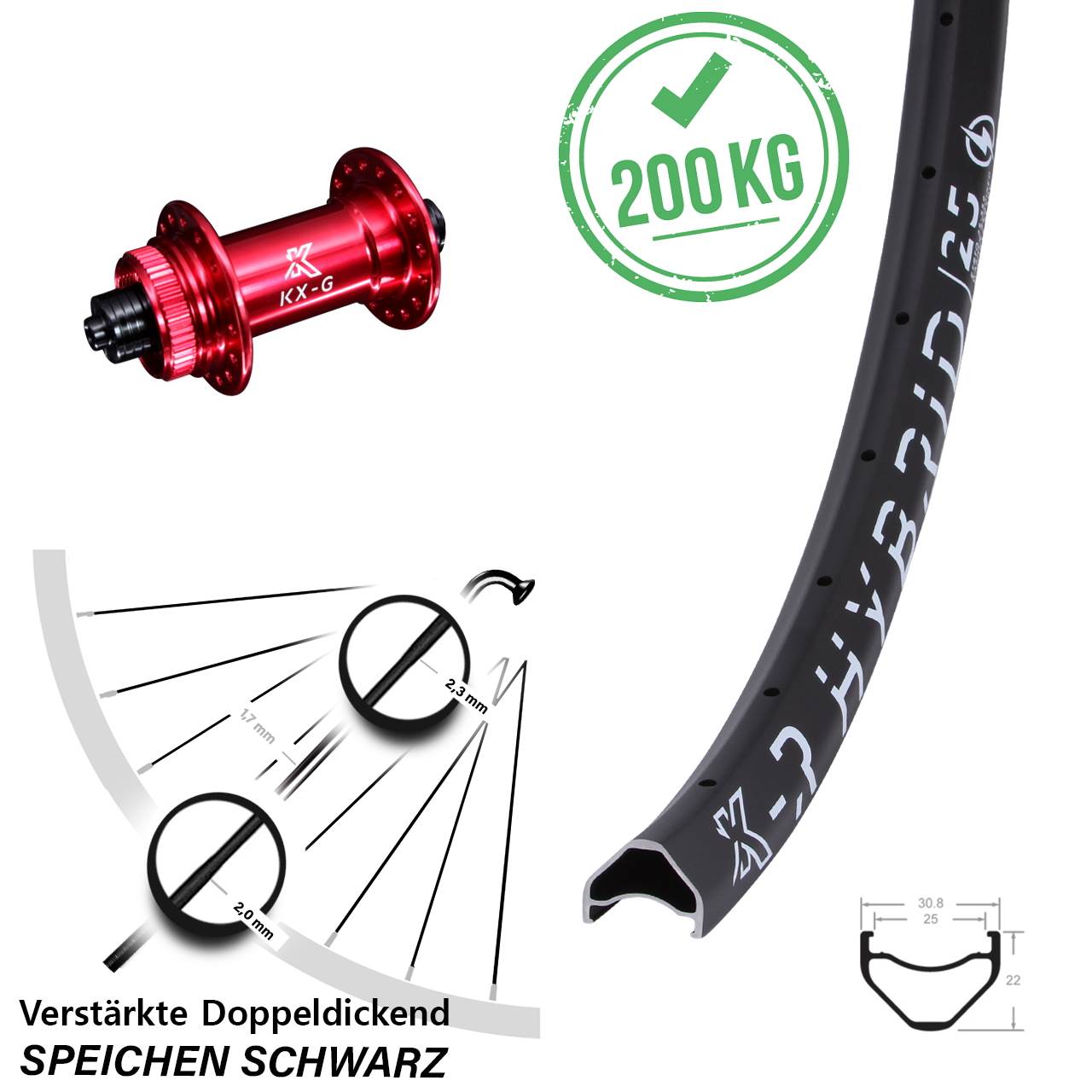 Vorderrad Centerlock 26 Zoll KX-GR Hybrid 25 rot für Schnellspanner