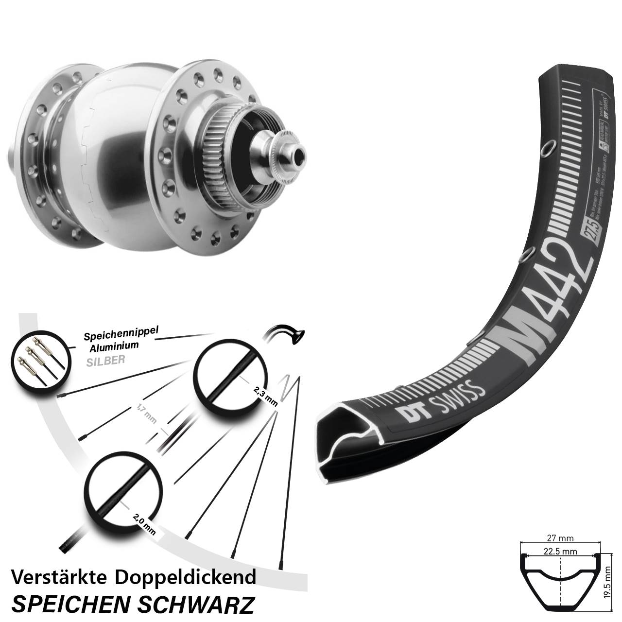 SON 28 silbern DT Swiss M 442 28-29 Zoll Disc Laufrad mit Nabendynamo für Schnellspanner