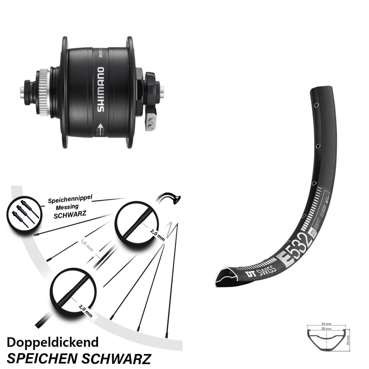 DT Swiss E532 Shimano DH-3D37 27,5 Zoll Disc Laufrad mit Nabendynamo QR