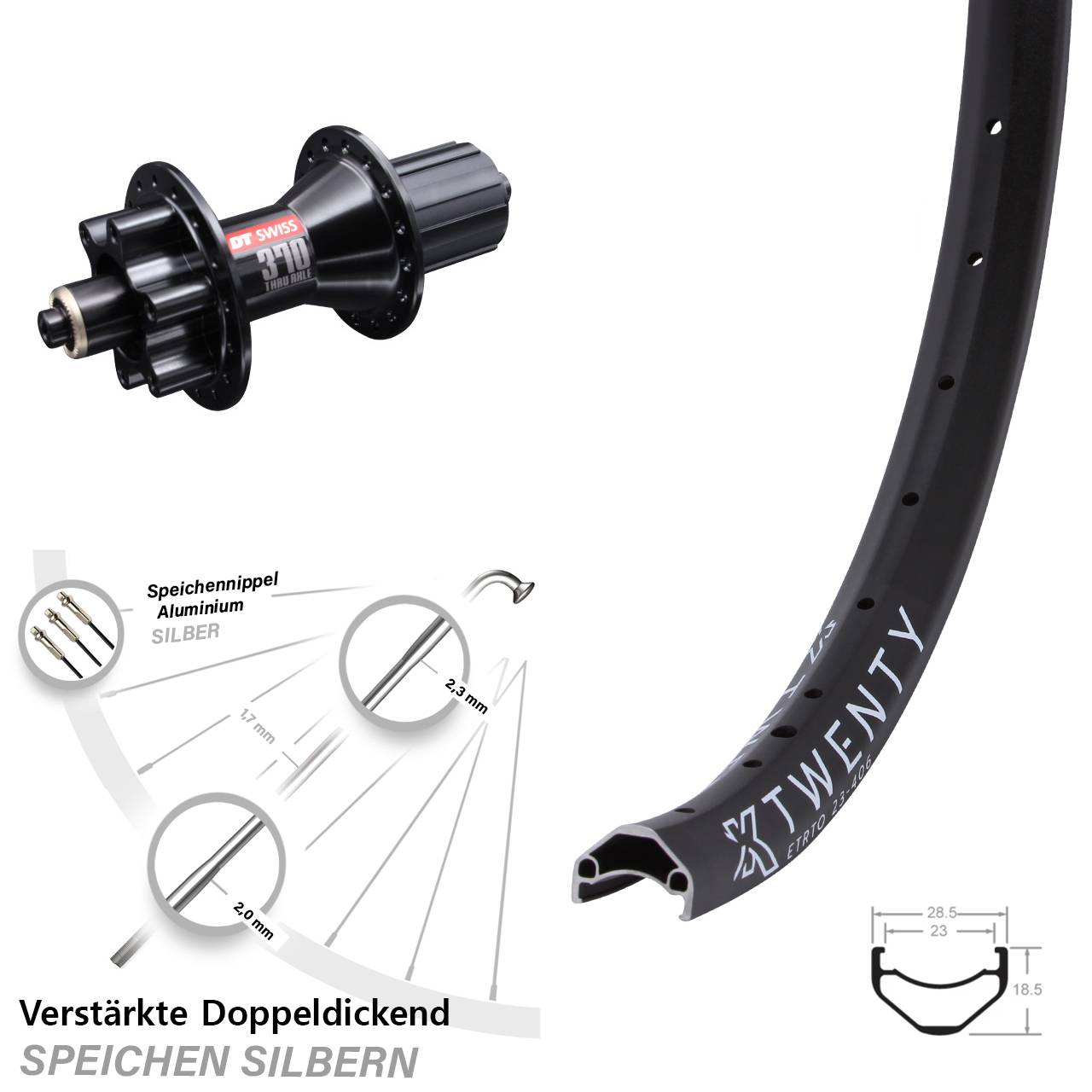 6-Loch Hinterrad 20 Zoll KX Twenty DT Swiss 370 8-11 fach HG für Schnellspanner