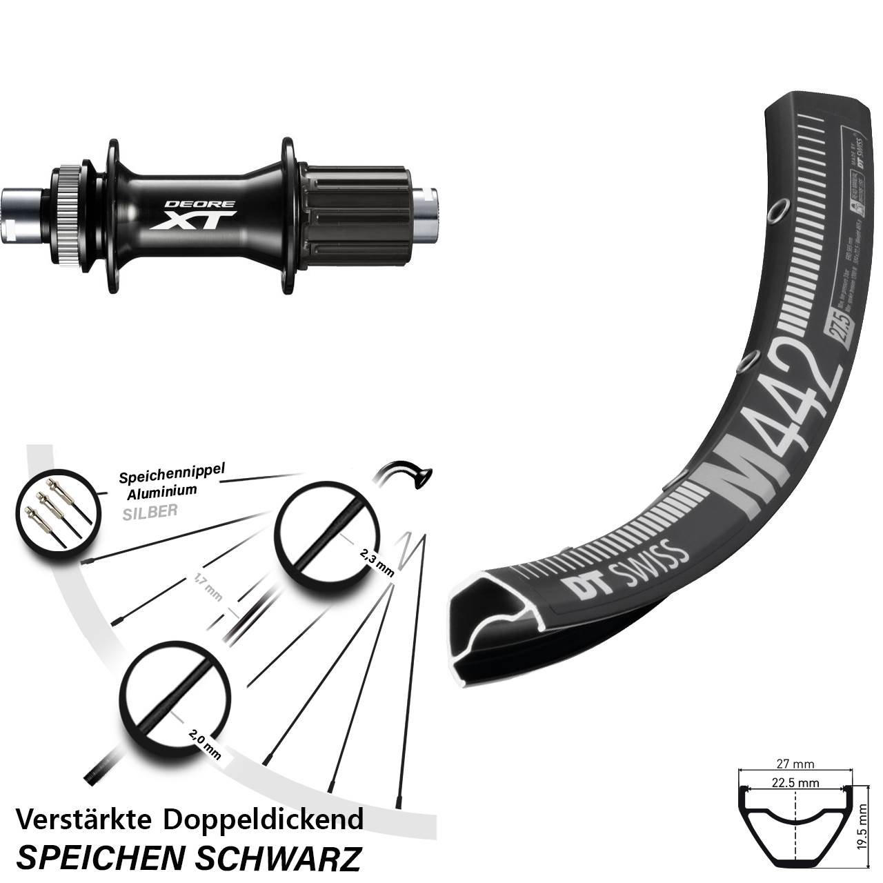 28-29 Zoll DT Swiss M 442 Shimano XT FH-M8010-B Centerlock Hinterrad 12x148 8-11 fach HG