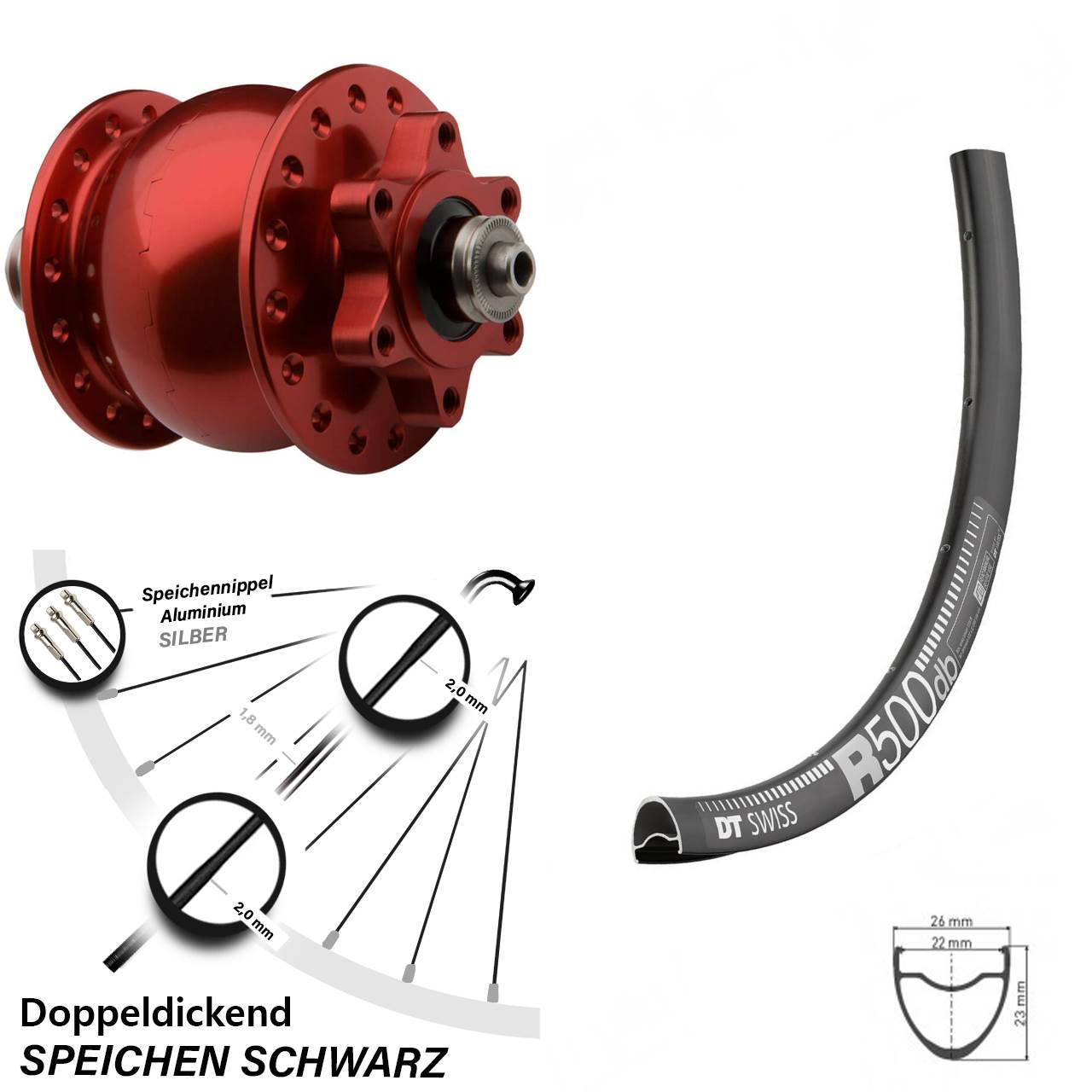 Vorderrad Nabendynamo SON 28 Zoll rot eloxiert 5x100 mm DT Swiss R 500 6-Loch