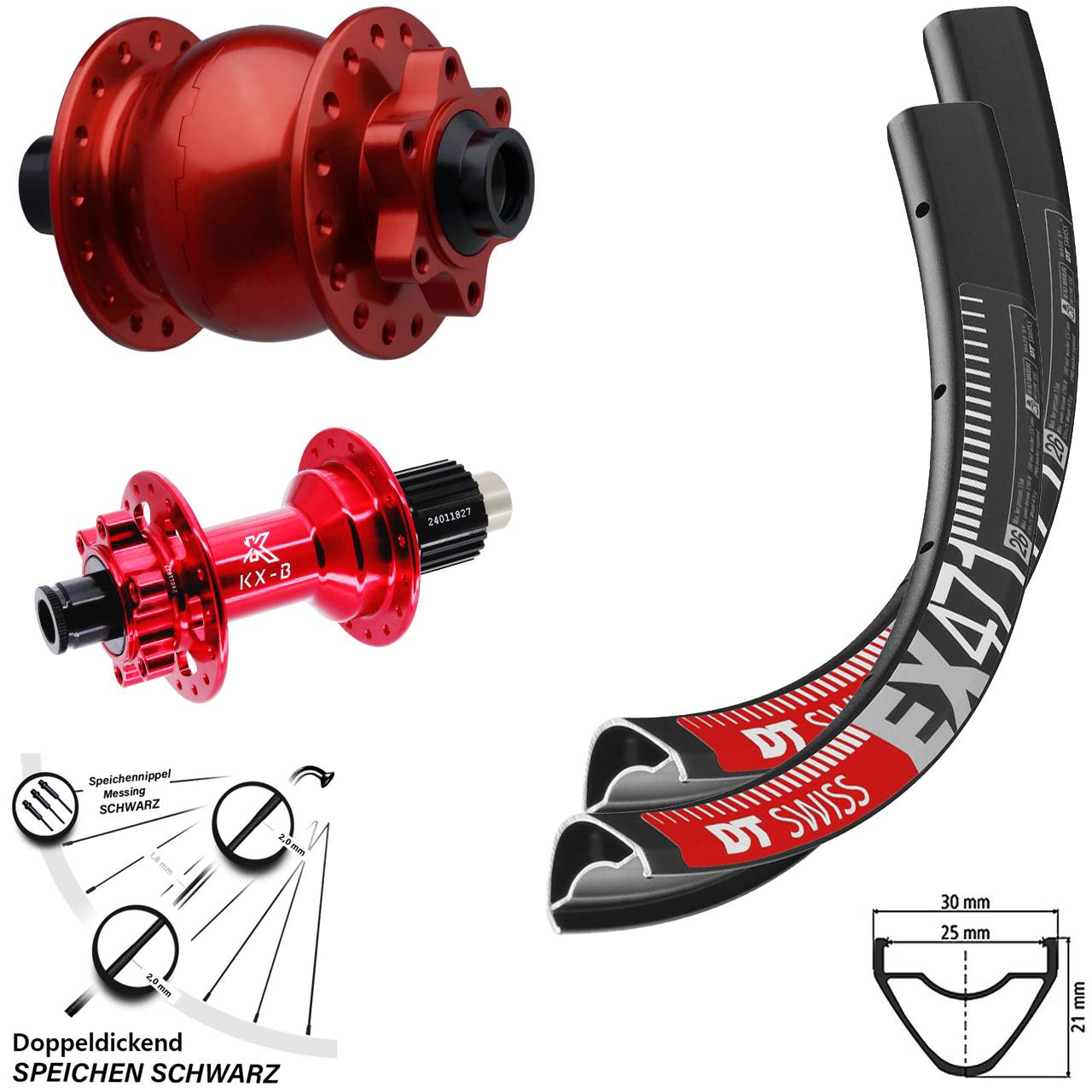 26 Zoll DT Swiss EX471 KX-B rot SON 28 Laufradsatz 6-Loch 15x110 12x148 Micro Spline