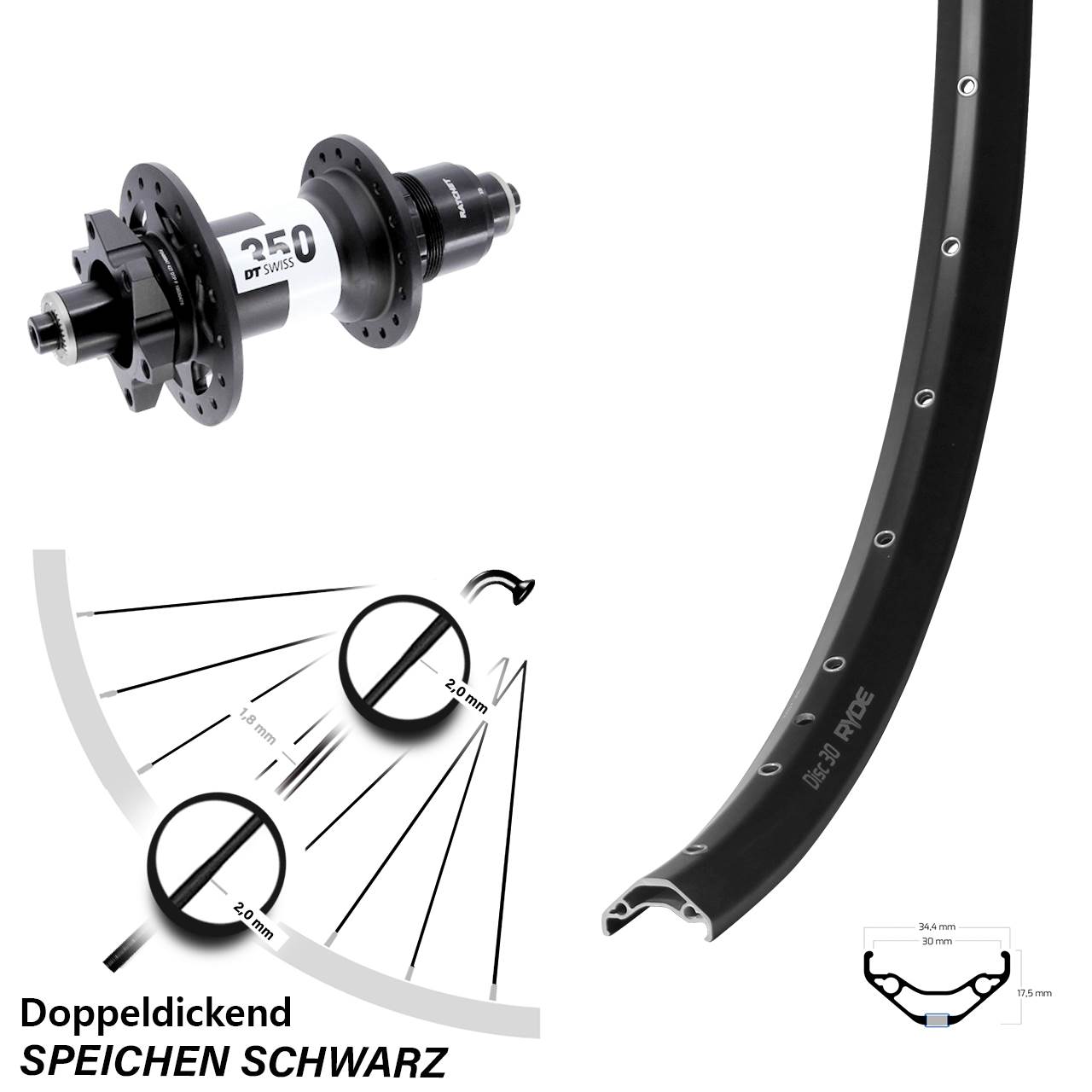 Boost Hinterrad 6-Loch für Schnellspanner 27,5 Zoll Ryde Disc 30 DT Swiss 350 SRAM XD