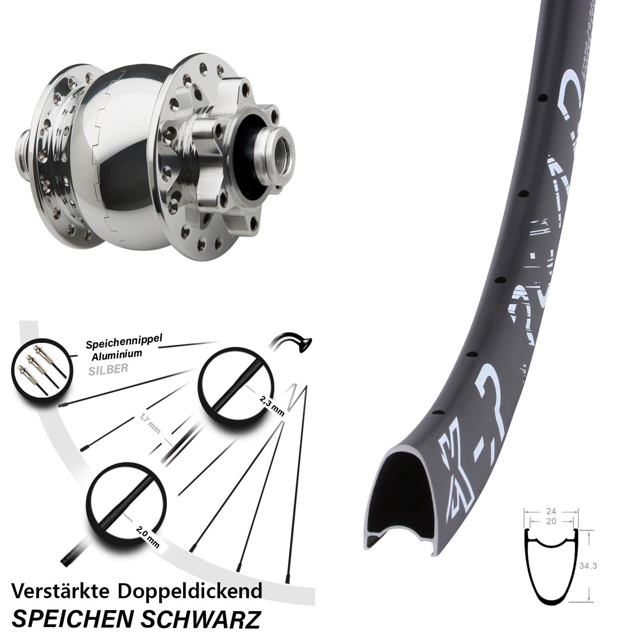 Vorderrad Dynamo KX-R Road SON 28-12 Disc 6-Loch Steckachse silbern poliert