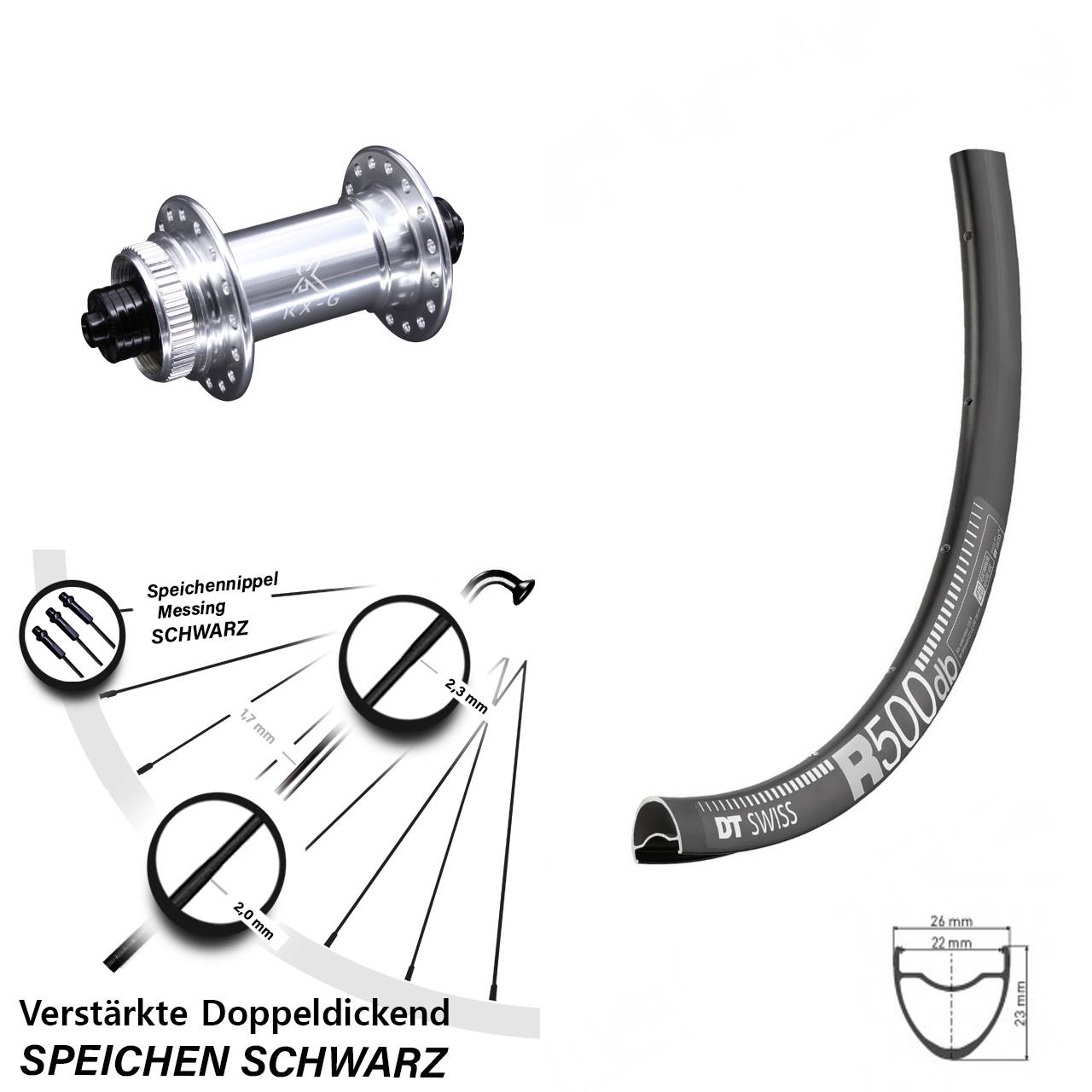 Road Disc DT Swiss R 500 Vorderrad 28 Zoll verstärkt mit KX-G silbern Centerlock