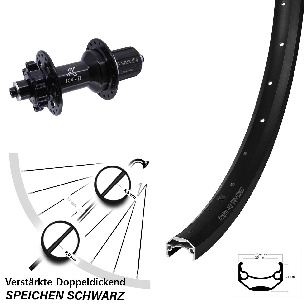 Hinterrad 6-Loch 27,5 Zoll Ryde Andra 40 Disc KX-B 8-12 fach HG QR Boost