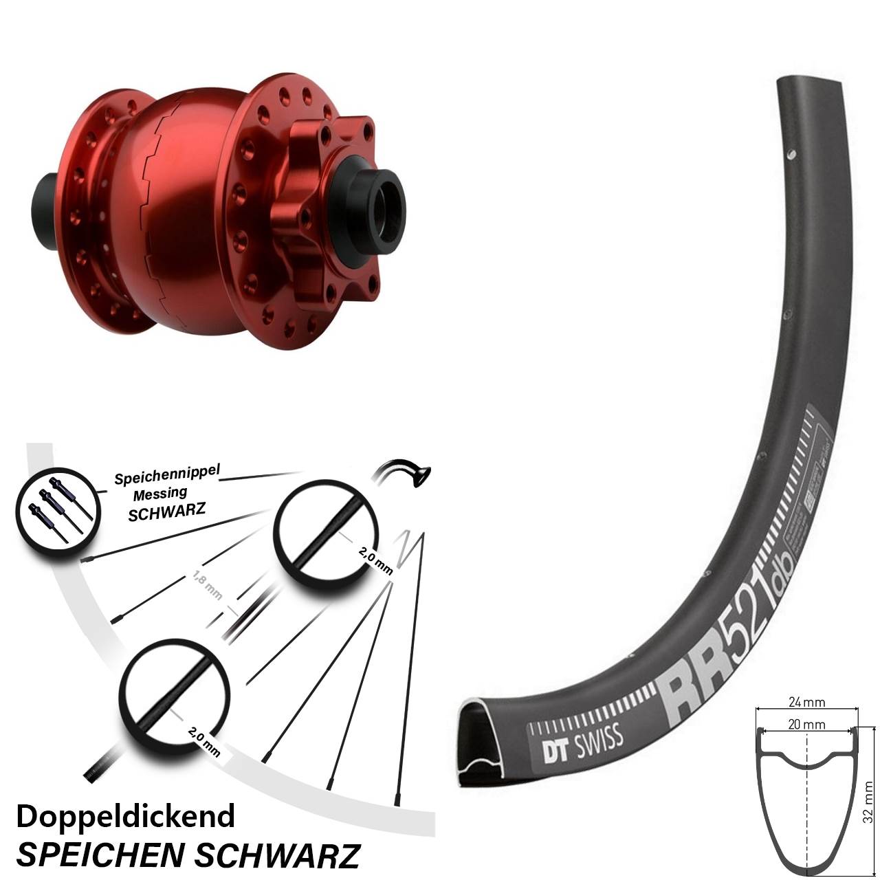 Nabendynamovorderrad 6-Loch DT Swiss RR 521 SON 28 Zoll rot 15x100