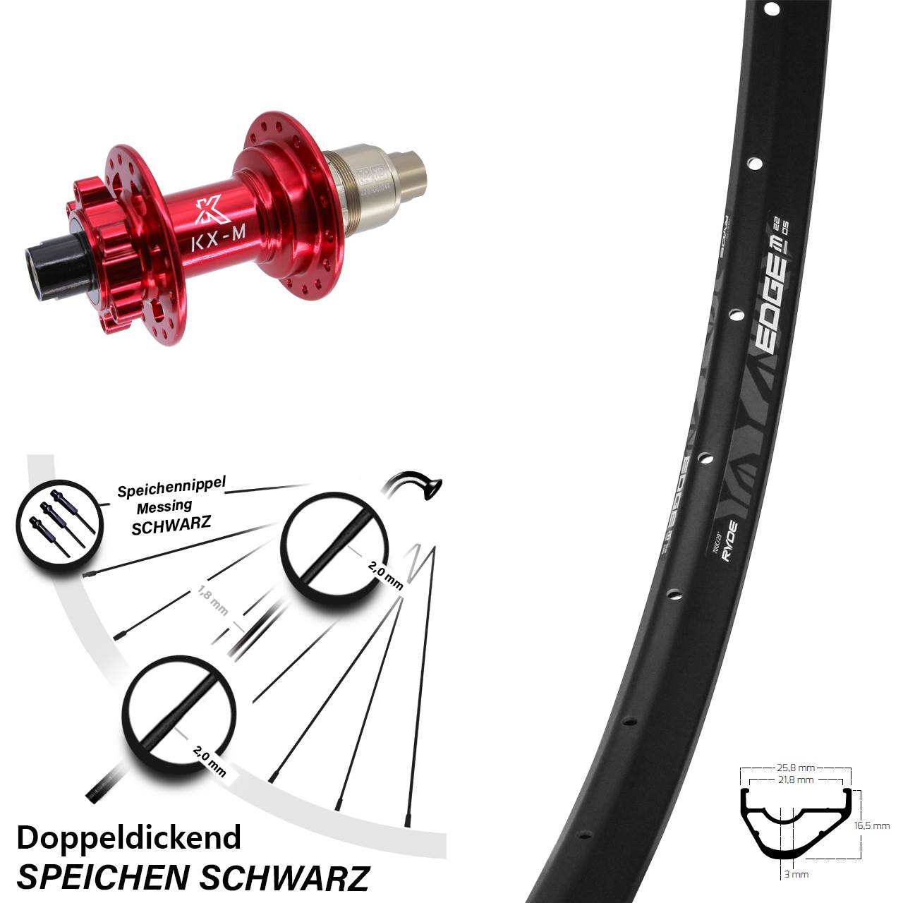 29 Zoll Ryde Edge M22 OS KX-M rot Disc Laufrad 12x142 XD