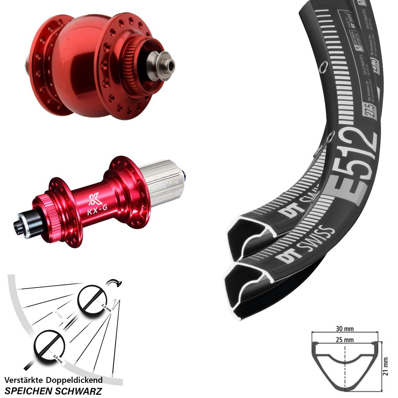 DT Swiss E 512 KX-G rot SON 28 27,5 Zoll Disc Laufrad-Satz für Schnellspanner 8-12 fach