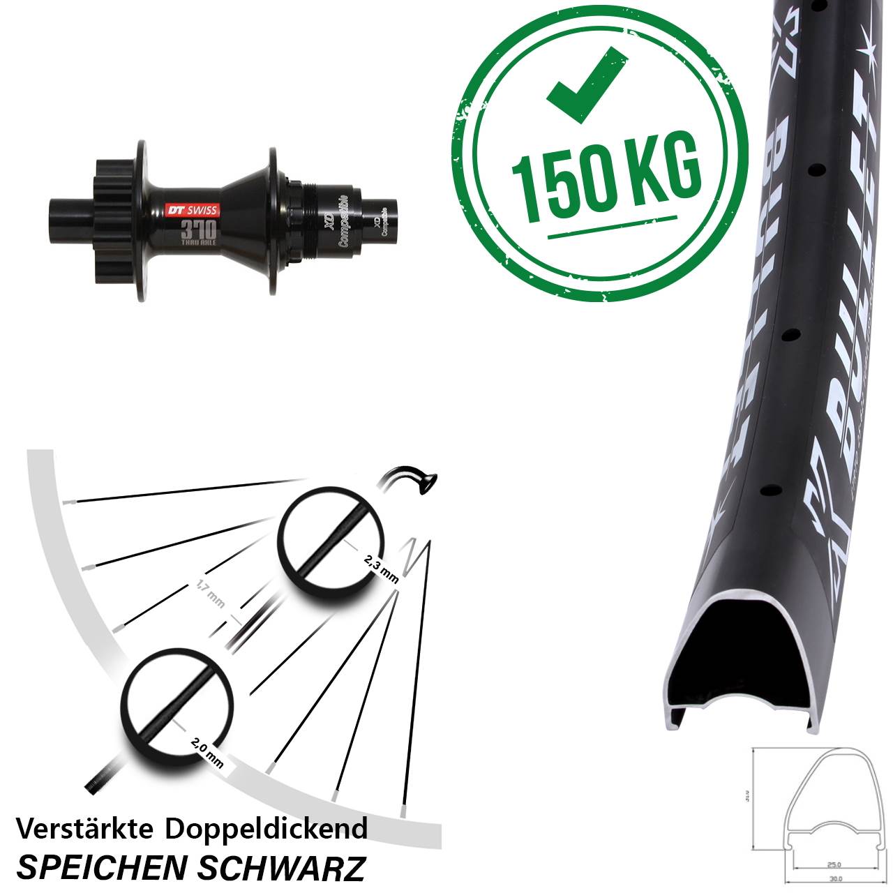 Hinterrad 6-Loch 28-29 Zoll KX Bullet OS DT Swiss 370 XD 12x142