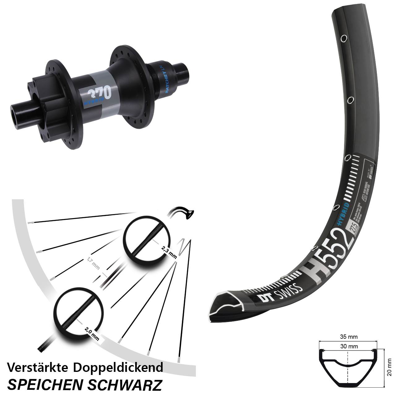 Hinterrad 6-Loch 12x148 27,5 Zoll DT Swiss H552-370 Hybrid XD