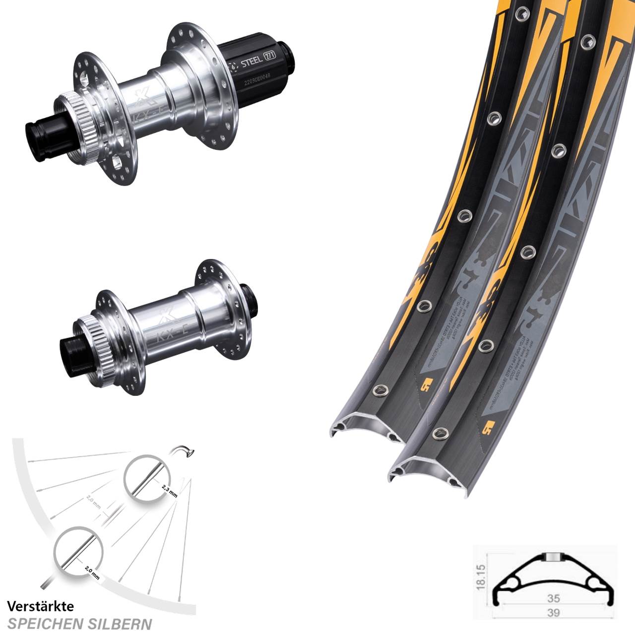 breiter 27,5 Zoll Laufradsatz verstärkt Rodi TRYP 35 KX-E silbern Shimano 8-12 fach