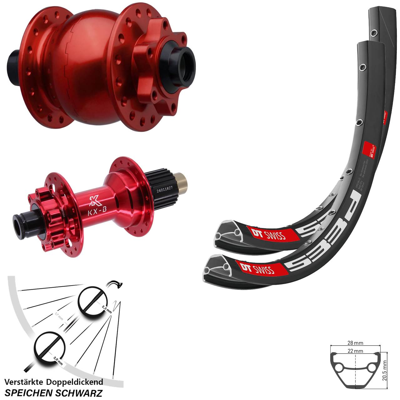 Disc Laufradsatz 15x110 12x148 26 Zoll DT Swiss 533D KX-B rot SON 28 Shimano Micro Spline