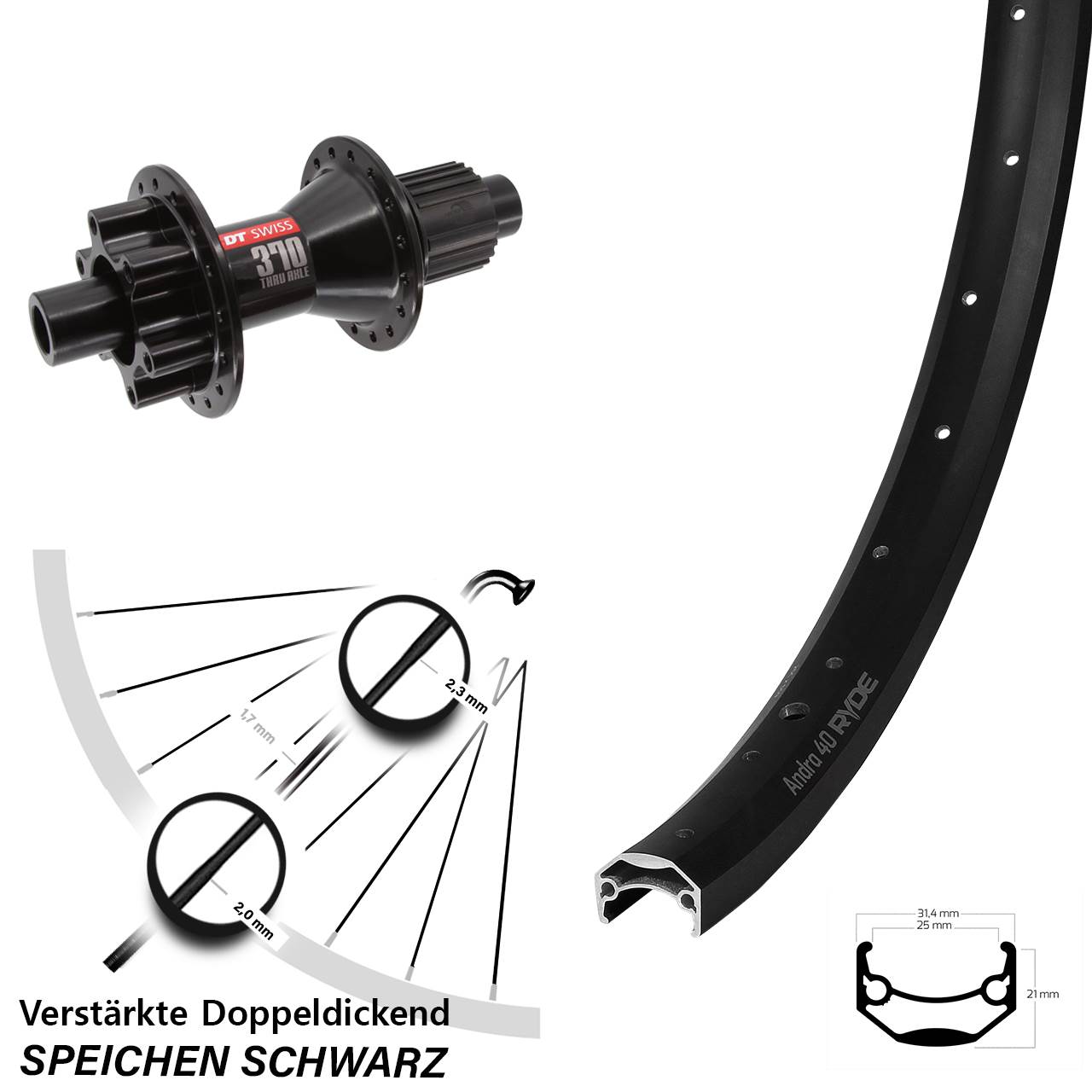 6-Loch Hinterrad 20 Zoll Ryde Andra 40 DT Swiss 370 Hybrid Shimano Micro Spline 12x142