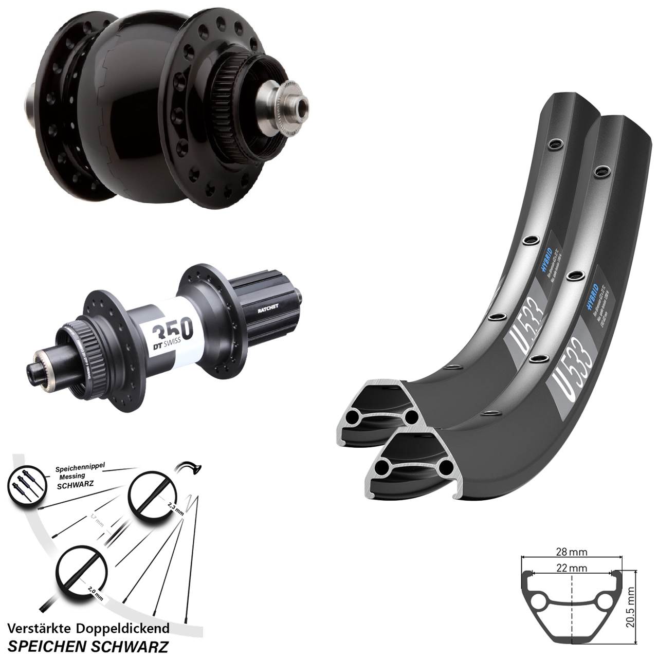 DT Swiss U533-350 SON delux 26 Zoll Disc Laufrad-Satz für Schnellspanner 8-11 fach