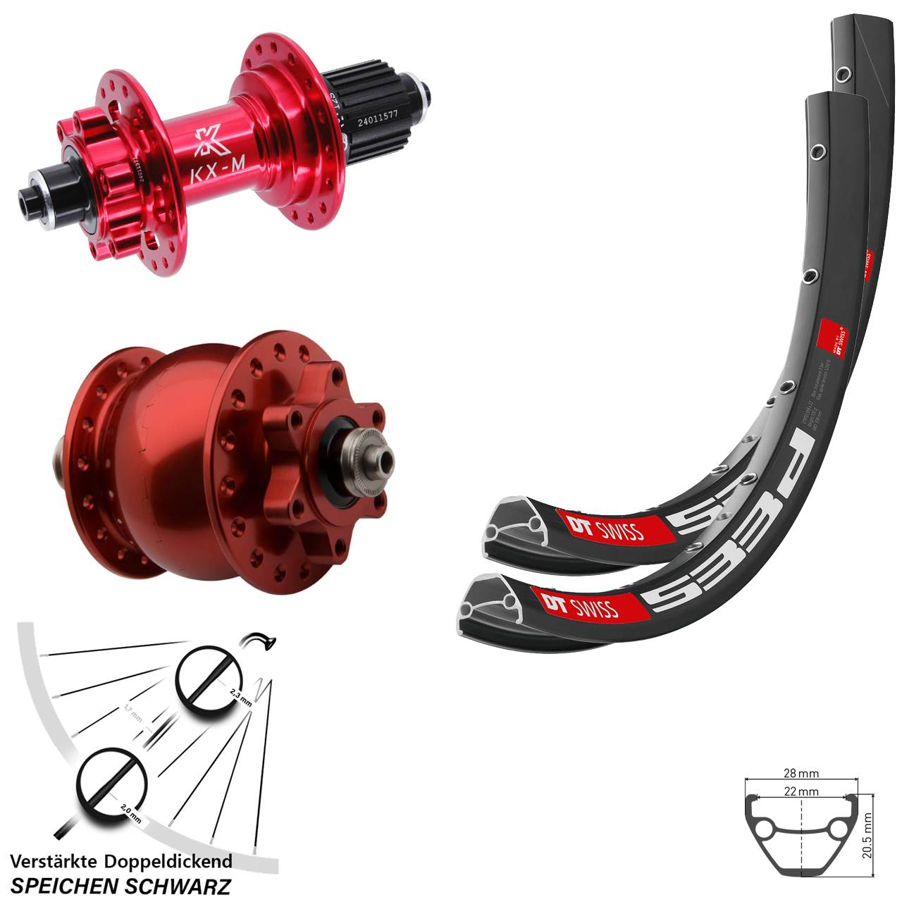 27,5 Zoll DT Swiss 533 D KX-M rot SON 28 Disc Laufrad-Satz QR Shimano Micro Spline
