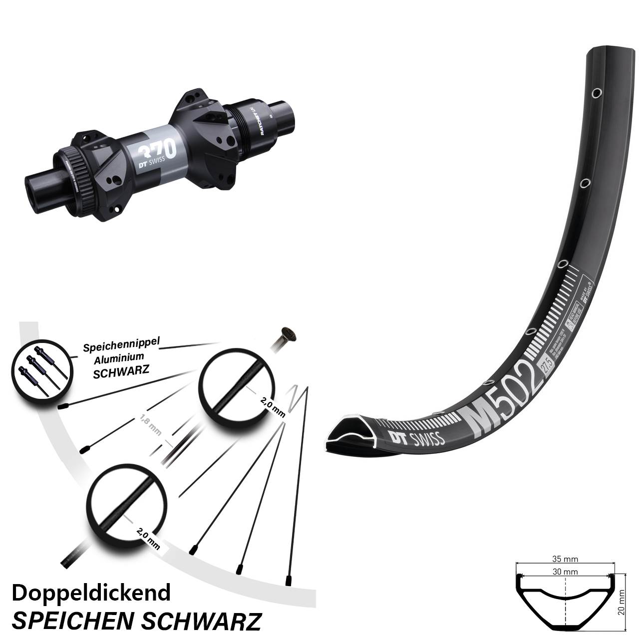 27,5 Zoll Hinterrad M 502 DT Swiss 370 Boost Straightpull Sram XD 12x148 mm
