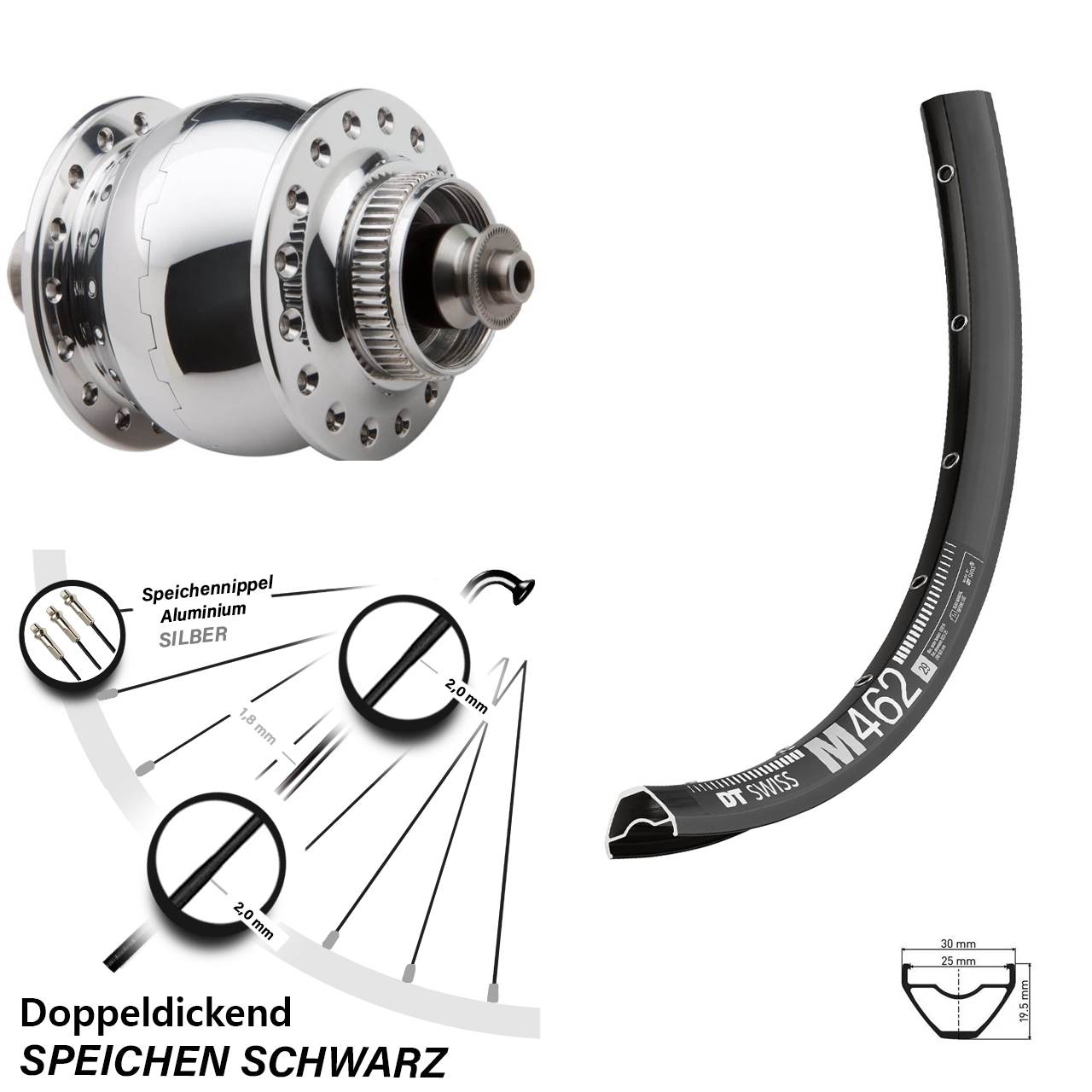 27,5 Zoll DT Swiss M 462 SON 28 Centerlock Vorderrad mit Nabendynamo für Schnellspanner