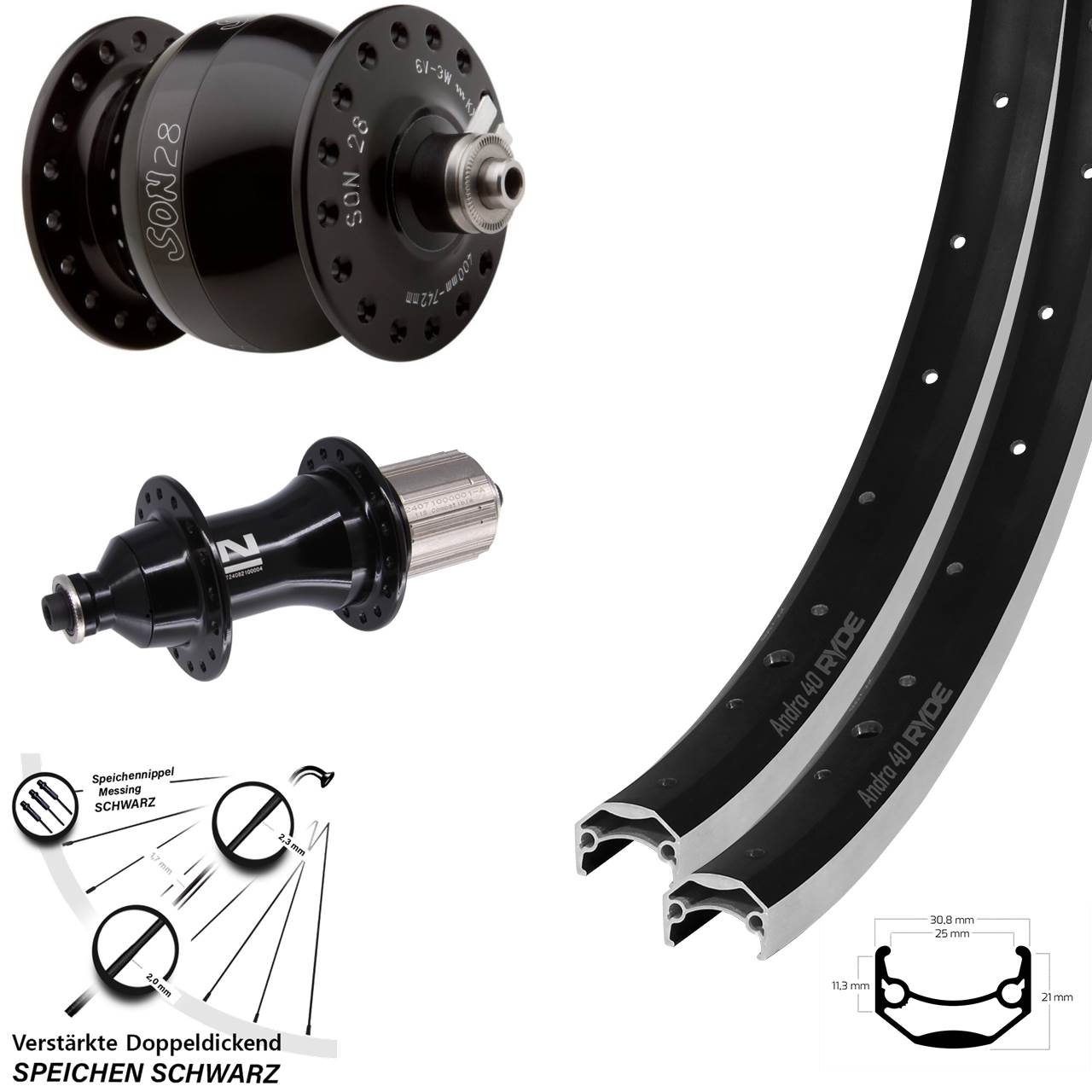 Laufradsatz 20/26 Zoll Ryde Andra 40 Novatec F162 Strong SON 28 8-12 fach QR