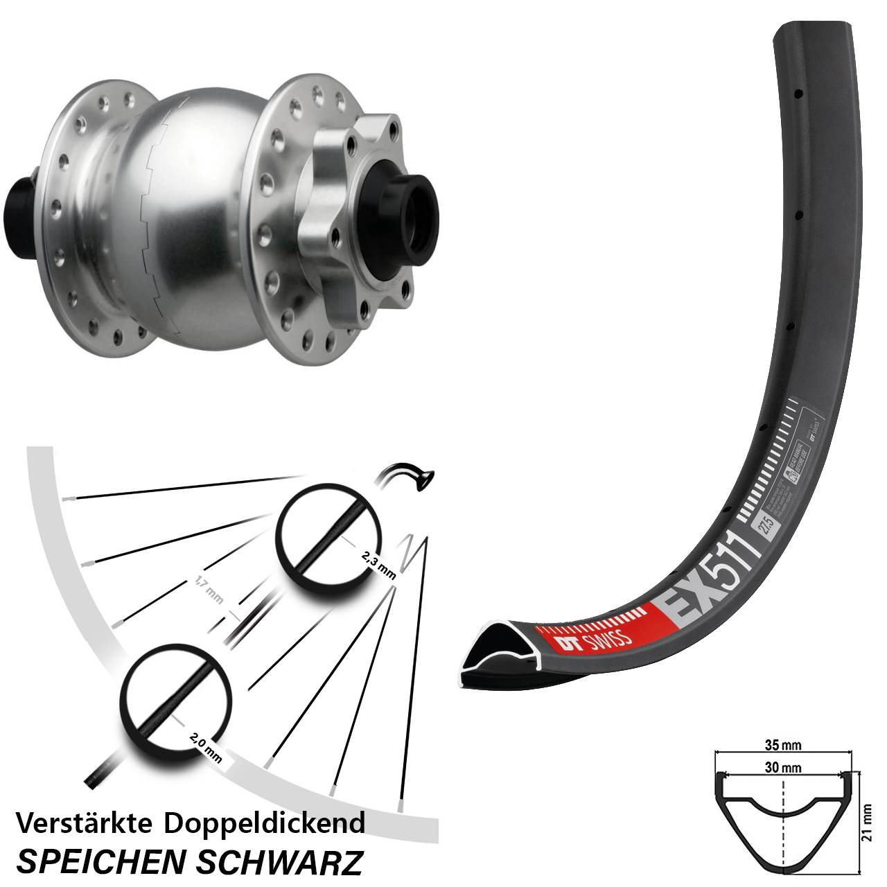 SON 28 silbern DT Swiss EX511 27,5 Zoll 6-Loch Nabendynamo-Vorderrad 15x110 Boost