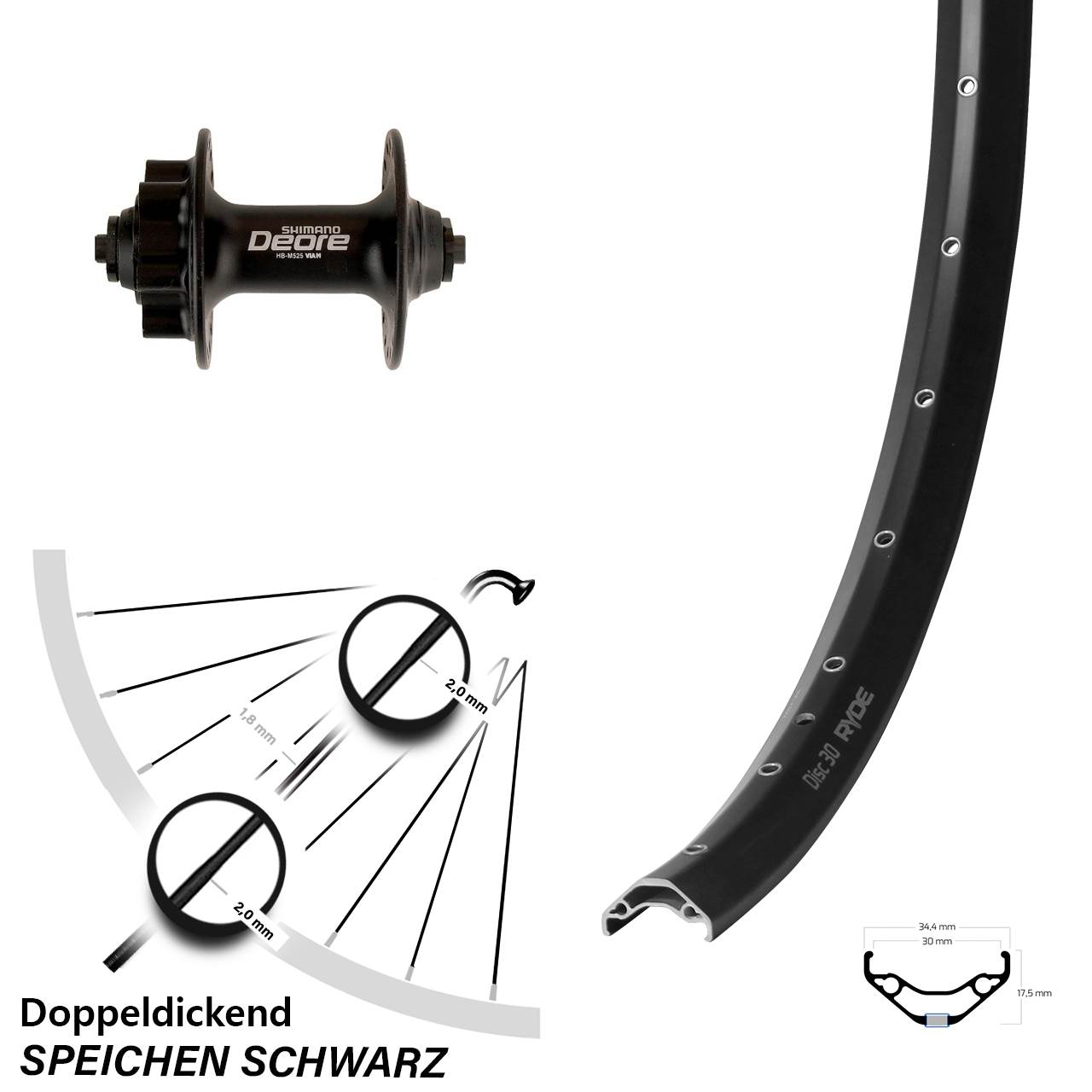 27,5 Zoll Vorderrad Ryde Disc 30 Shimano Deore QR