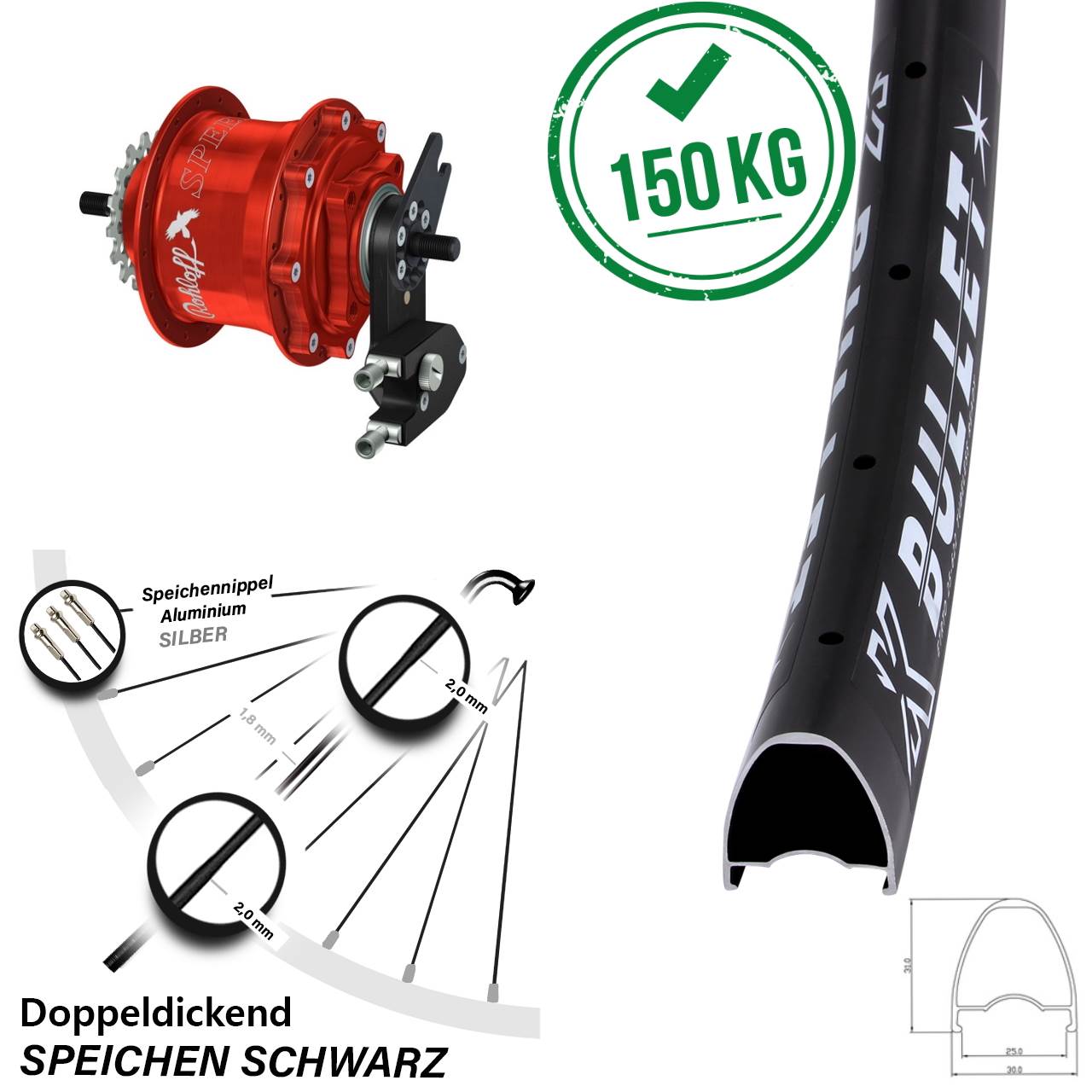 KX Bullet Rohloff TS DB OEM2 Tandem rot 28-29 Zoll Disc Hinterrrad