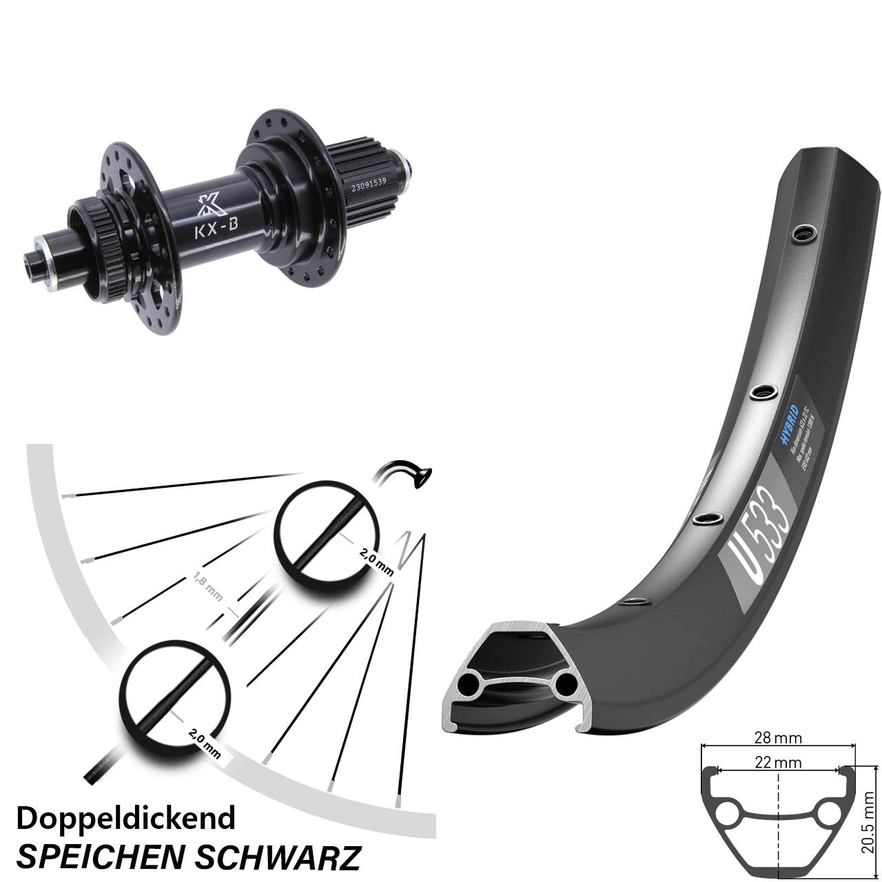 Laufrad 27,5 Zoll DT Swiss U533 KX-B Centerlock 5/141 Boost Micro Spline schwarz