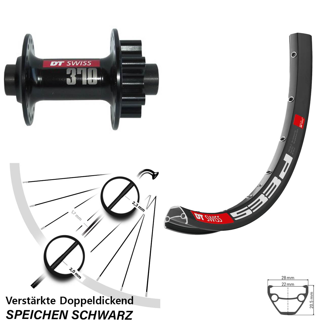 verstärkt 533d DT Swiss 370 26 Zoll 6-Loch Vorderrad 15x100