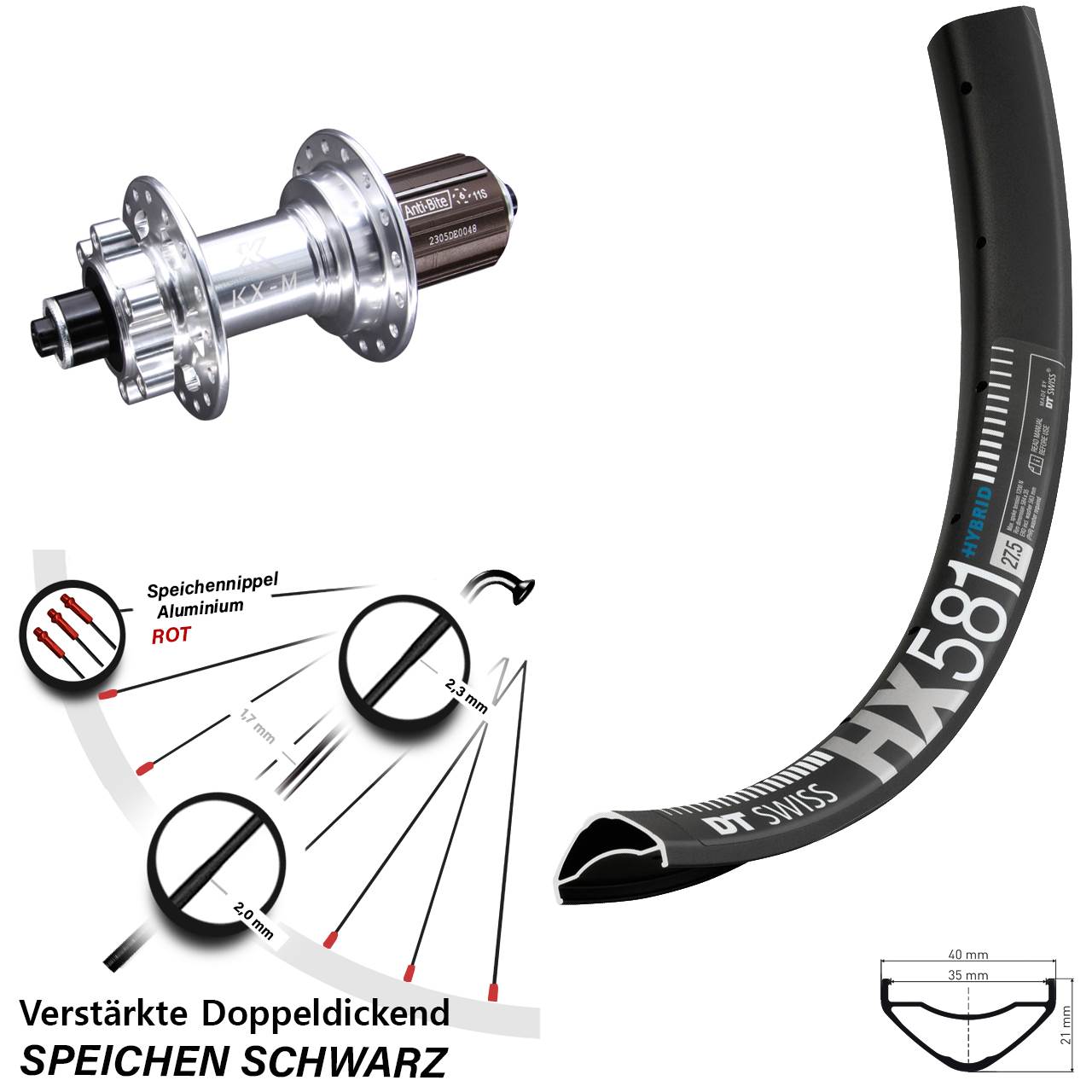 27,5 Zoll DT Swiss HX581 KX-M Disc Hinterrad QR 8-12 fach HG