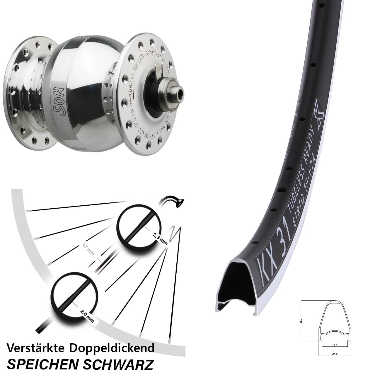 Vorderrad 28 Zoll KX 31 Hochprofil SON delux Wide Body Felgenbremse silbern poliert