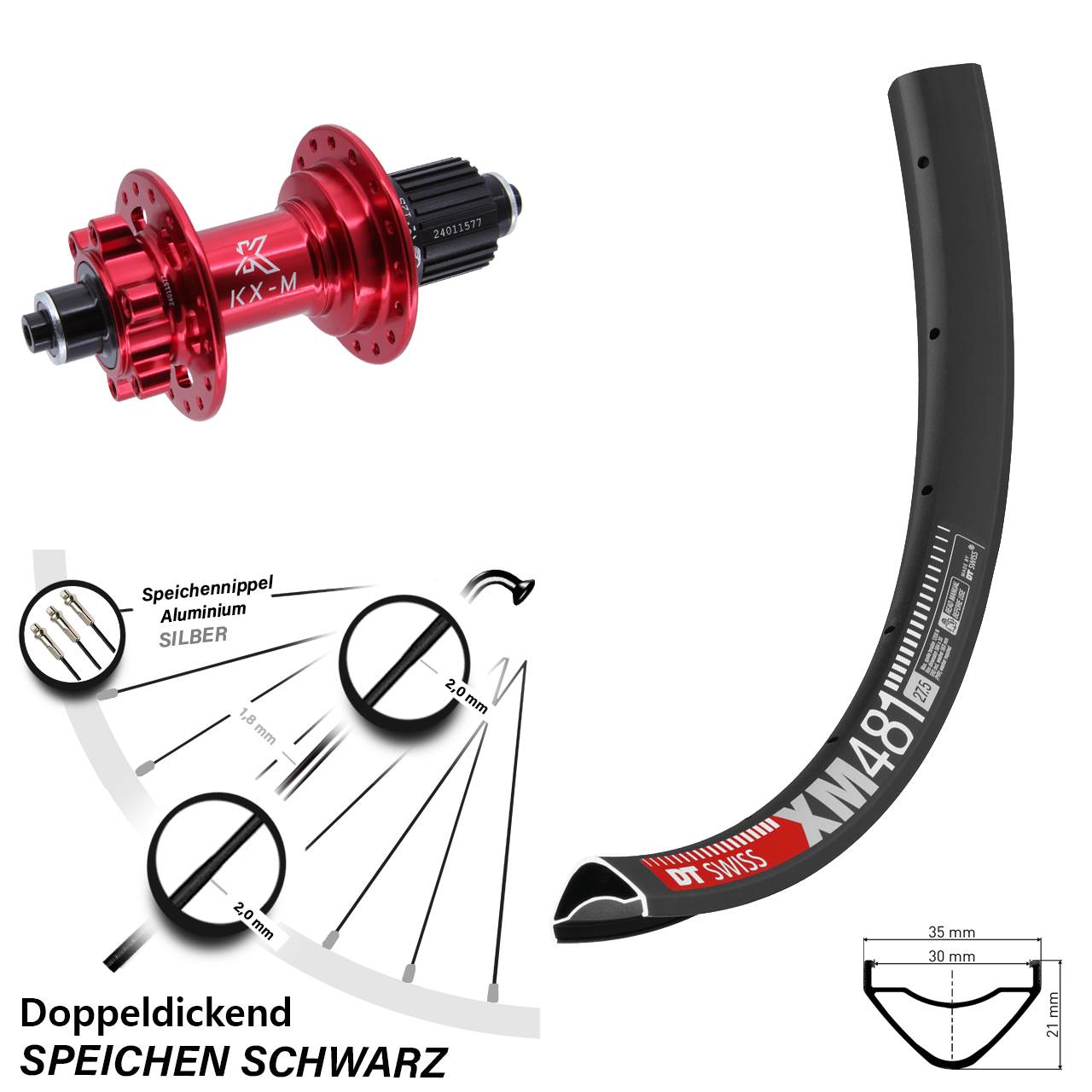 6-Loch Hinterrad 27,5 Zoll DT Swiss XM 481 KX-M rot Micro Spline QR