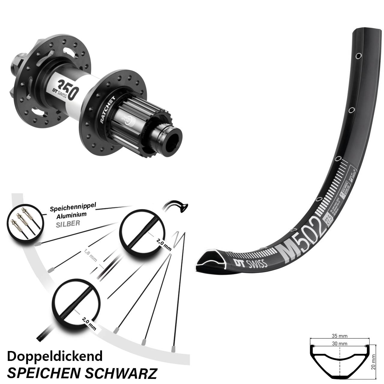 Hinterrad 27,5 Zoll DT Swiss M 502 350 6-Loch Micro Spline 12x148