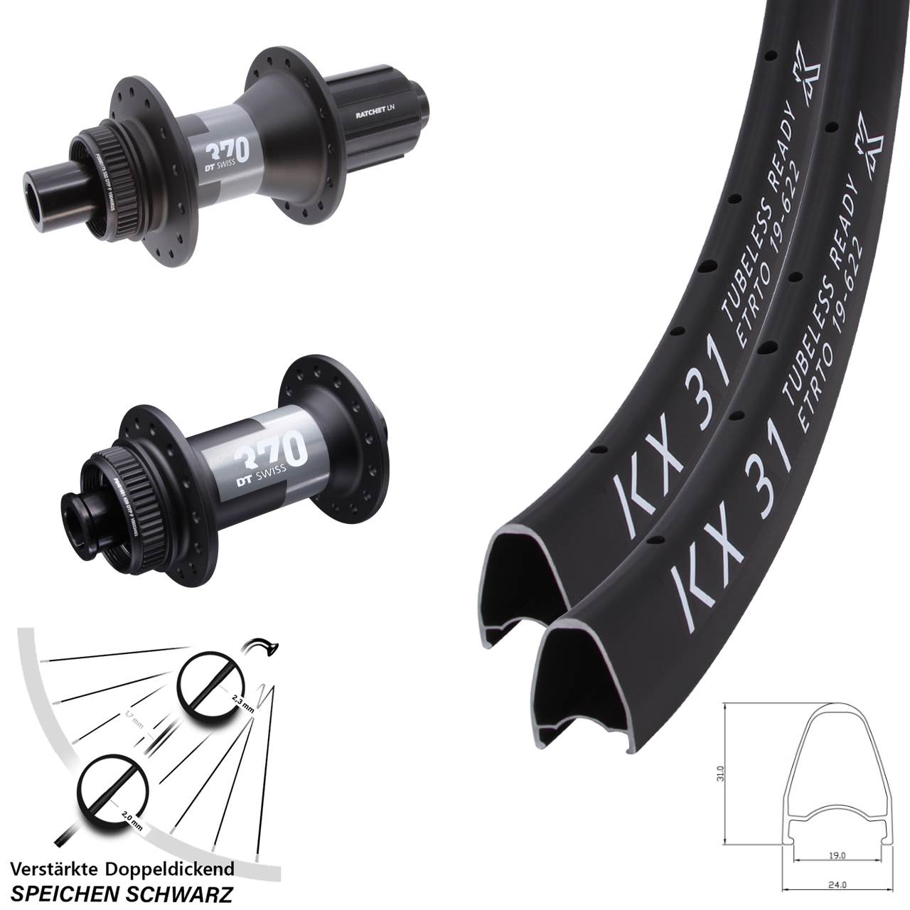 Laufradsatz Centerlock 15x100 12x142 28 Zoll KX 31 DT Swiss 370 11-12 fach HG