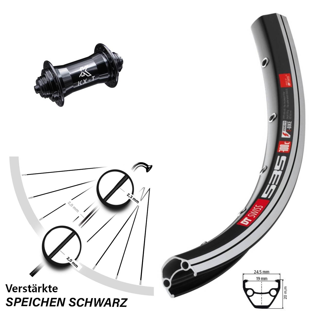 Vorderrad Felgenbremse verstärkt 28 Zoll DT Swiss 535 mit KX-T Nabe schwarz