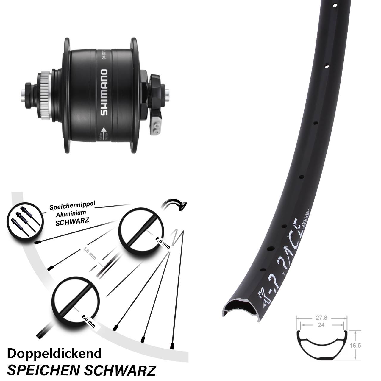 29 Zoll KX-R Race Shimano DH-3D37 Centerlock Vorderrad mit Nabendynamo für Schnellspanner