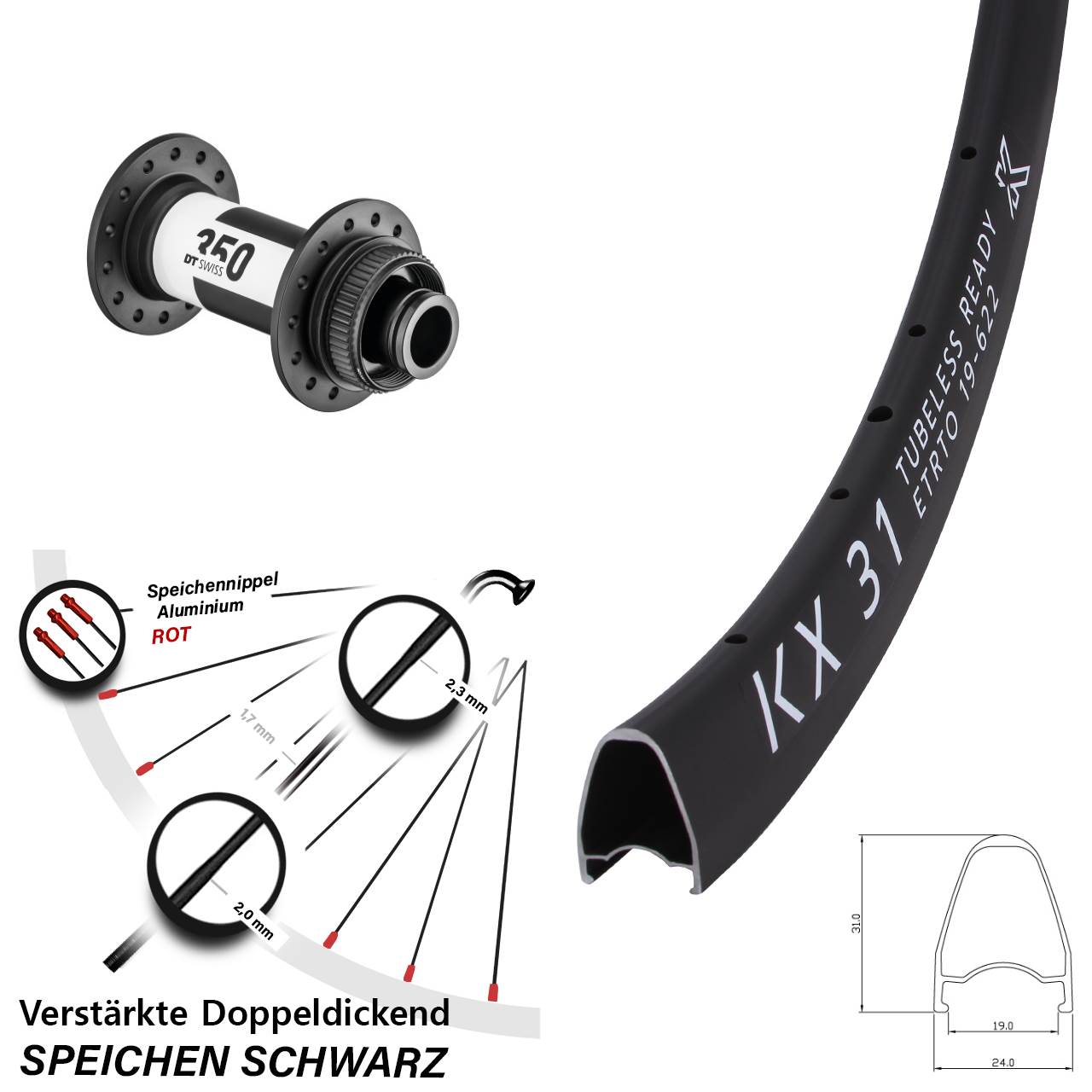 28 Zoll KX 31 DT Swiss 350 Centerlock Vorderrad 15x100