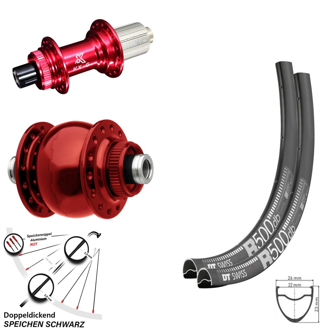 Laufradsatz 29 Zoll DT Swiss R500 KX-G rot SON 28 8-12 fach 12x100/142