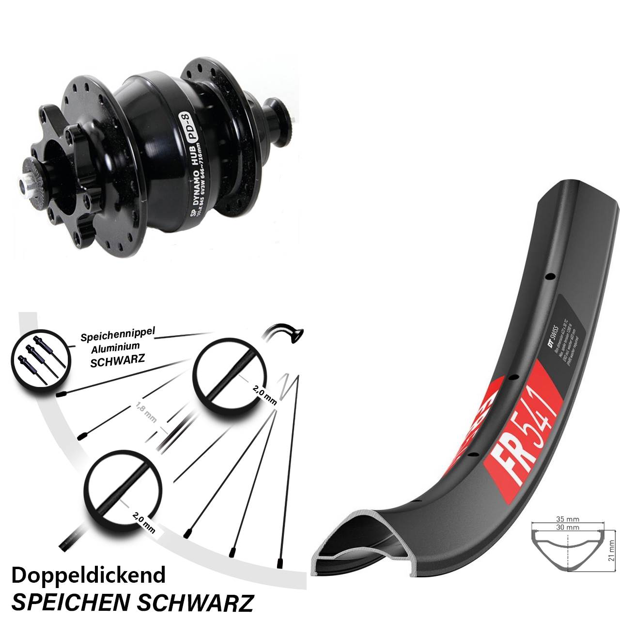 Nabendynamovorderrad 6-Loch 29 Zoll DT Swiss FR 541 Shutter PD-8 QR
