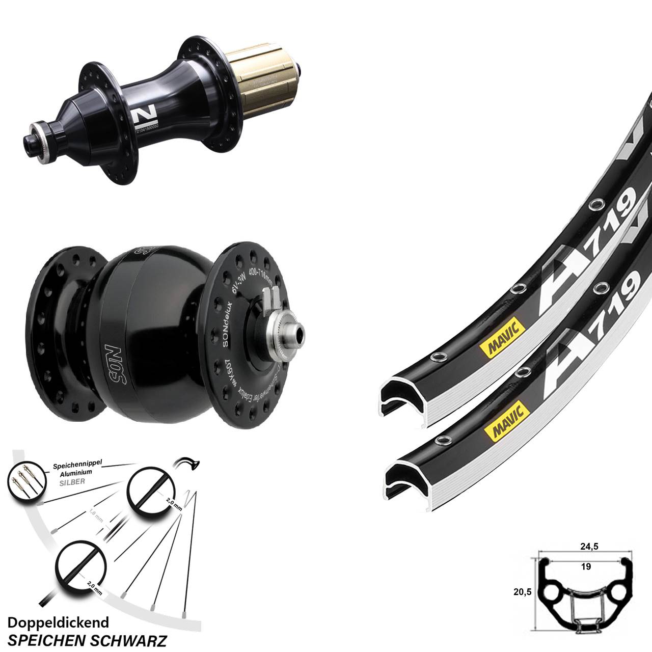 Mavic A 719 Novatec F-162SB SON delux wide body 28 Zoll Laufradsatz QR 8-12 fach HG