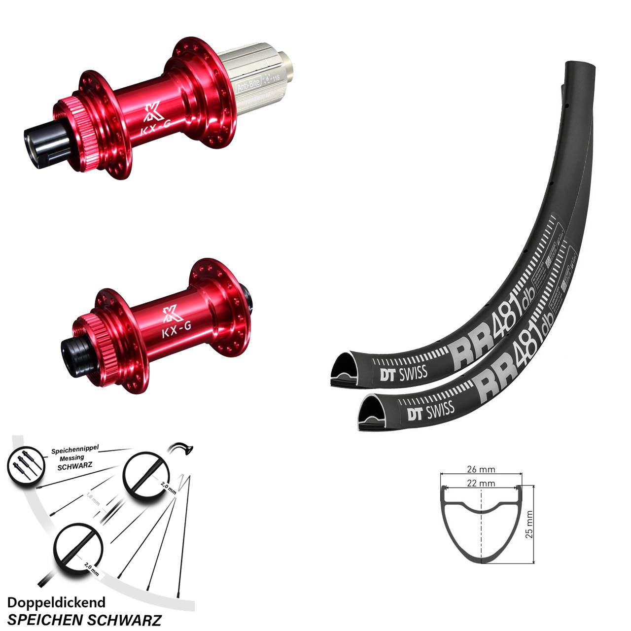 DT Swiss RR 481 28 Zoll Laufradsatz 100x142 mm Steckachse KX-G rot-eloxiert