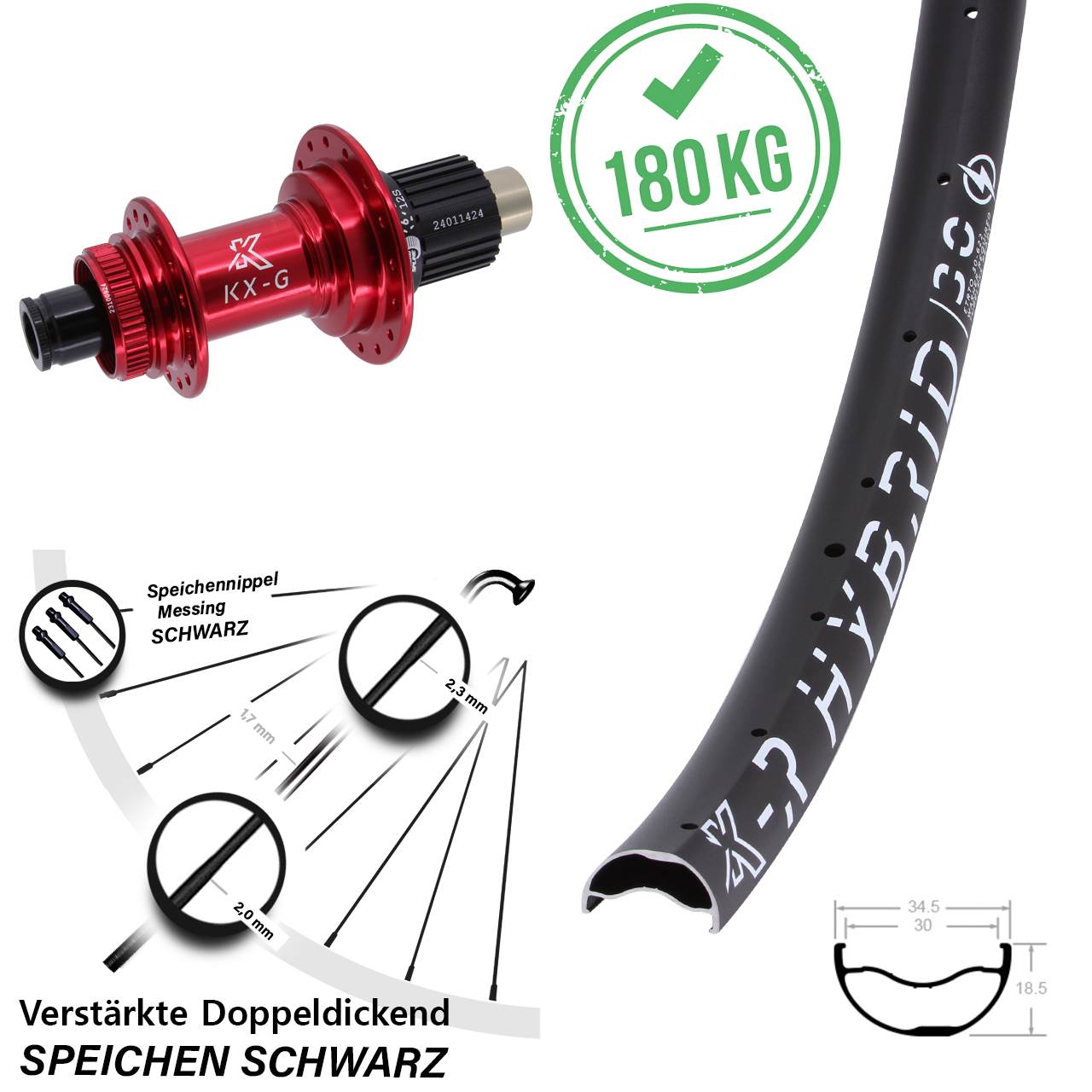 Hinterrad Centerlock 29 Zoll KX-GR Hybrid 30 rot Micro Spline 12x142
