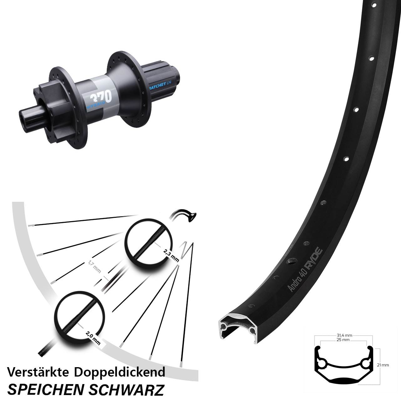 Ryde Andra 40 DT Swiss 370 Hybrid 20 Zoll Hinterrad 6-Loch 12x148 8-11 fach HG